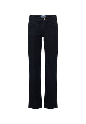 Jean en denim bleu foncé avec une coupe ajustée et une jambe droite. Comprend des poches avant et une fermeture à bouton doré. Texture lisse, matériel minimal.