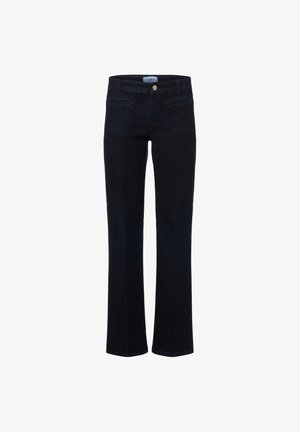 Donkerblauwe denim jeans met een slim-fit en rechte pijp. Voorzien van voorzakken en een gouden knoopsluiting. Soepele textuur, minimale hardware.