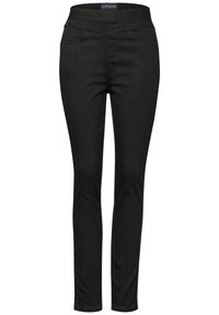 Svarta slim-fit byxor gjorda av stretchig tyg, med ett brett midjeband, två framfickor och en slät yta.