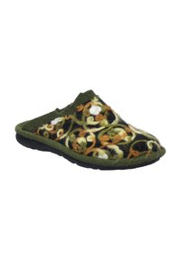 Green felt slipper with floral pattern in black, orange, and white. Slip-on design, rounded toe, and cushioned black rubber sole.