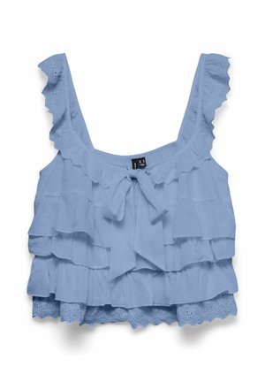Lyseblå ærmeløs croptop med lagdelte flæser, hulbroderi kant og en frontsløjfe ved den dybe rundudskæring.
