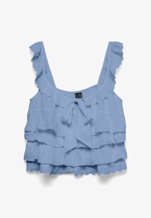 Lyseblå ærmeløs croptop med lagdelte flæser, hulbroderi kant og en frontsløjfe ved den dybe rundudskæring.