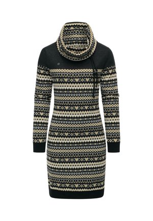 Abito nero con scollo a cowl, caratterizzato da un motivo geometrico in crema e beige. Maniche lunghe e silhouette aderente.