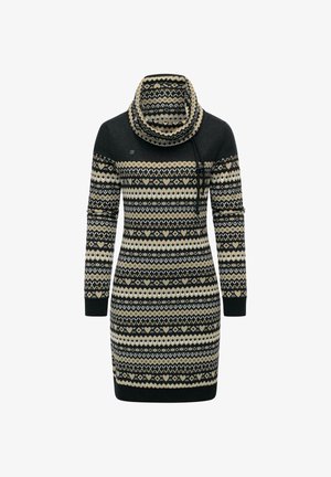 Abito nero con scollo a cowl, caratterizzato da un motivo geometrico in crema e beige. Maniche lunghe e silhouette aderente.