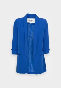 Blazer bleu avec une coupe cintrée, devant ouvert et manches trois-quarts. Tissu lisse avec des poches latérales discrètes.