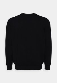 Sweat-shirt noir avec un col rond, des manches longues, et des poignets et ourlet côtelés. Texture lisse sans motifs ni accents visibles.