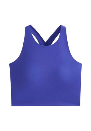Sleeveless athletic crop top in solid bright blue with wide shoulder straps crossing at the back, designed for women.