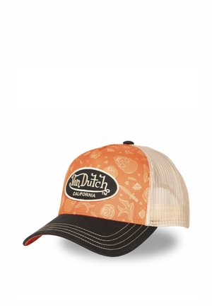 Casquette Von Dutch orange et beige avec visière noire incurvée, dos en mesh beige et motif graphique subtil sur le panneau avant.