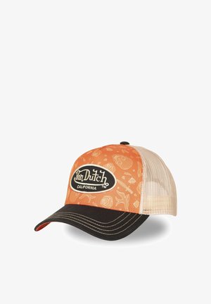 Gorra Von Dutch naranja y beige con visera curva negra, parte trasera de malla beige y sutil patrón gráfico en el panel frontal.