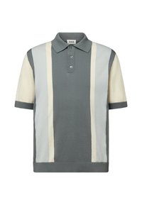 Polo à manches courtes avec patte de boutonnage, présentant des rayures verticales en blocs de couleurs gris, bleu clair et crème.
