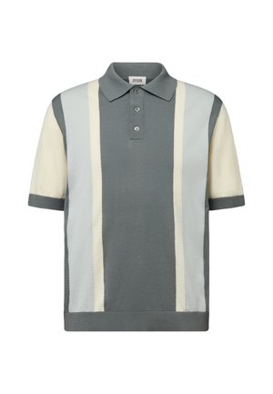Kurzärmliges Poloshirt mit Knopfleiste, das vertikale Farbstreifen in Grau, Hellblau und Creme aufweist.
