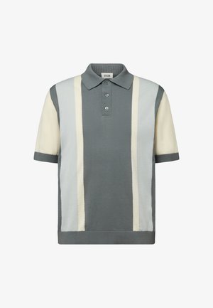 Kurzärmliges Poloshirt mit Knopfleiste, das vertikale Farbstreifen in Grau, Hellblau und Creme aufweist.