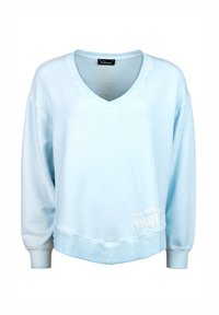 Light blue pullover sweatshirt with a V-neck, long sleeves, ribbed cuffs, and hem. Features white embroidered text: "Sorry but I don’t."