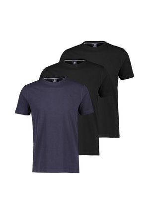 Drei schlichte T-Shirts mit Rundhalsausschnitt in Schwarz und Marineblau, in einem versetzten, überlappenden Layout angeordnet.