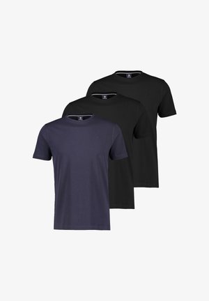 Drei schlichte T-Shirts mit Rundhalsausschnitt in Schwarz und Marineblau, in einem versetzten, überlappenden Layout angeordnet.