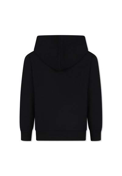 Felpa nera con cappuccio, realizzata in tessuto morbido. Presenta polsini e orlo a costine, una texture liscia e una cucitura centrale sul retro.