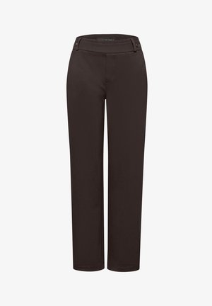 Pantalones rectos negros con pasadores y detalles de botón en la cinturilla, diseñados para un ajuste a medida.