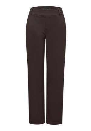 Pantalones rectos negros con pasadores y detalles de botón en la cinturilla, diseñados para un ajuste a medida.