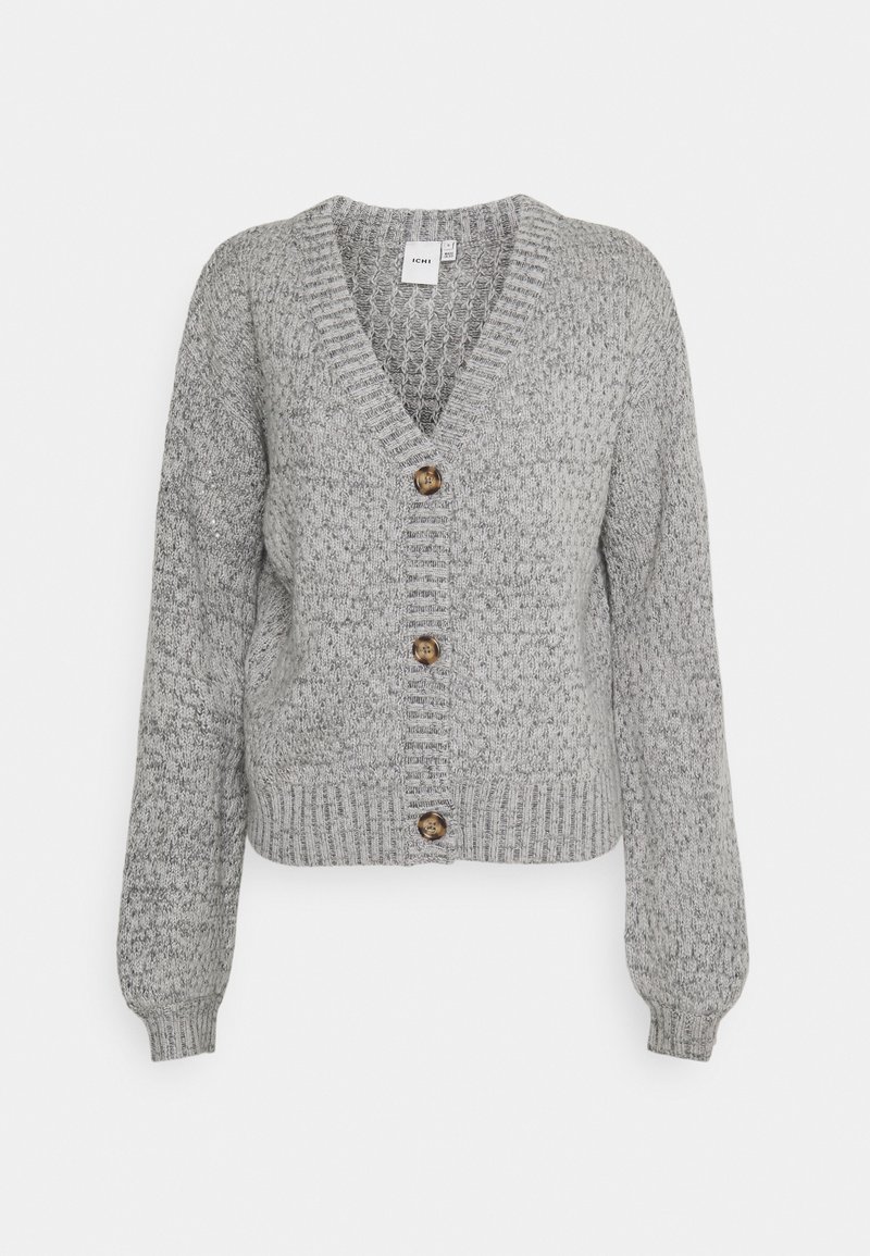 Cardigan gris tricoté avec col en V, trois boutons marron, manches longues et poignets et ourlet côtelés.