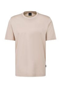 Beige cotton t-shirt with a round neckline, short sleeves, and minimal stitching details. Soft fabric with a smooth texture. No visible patterns.