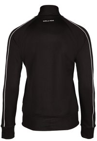 Chaqueta negra con cremallera y cuello alto, con franjas blancas a lo largo de las mangas y el nombre de la marca "GORILLA WEAR" en la parte posterior.