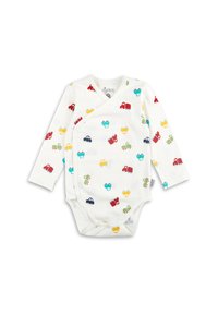 Weißes Langarm-Babykleid mit bunten Fahrzeugmustern in Rot, Blau, Grün und Gelb. Wickeldesign mit Druckknopfverschlüssen.
