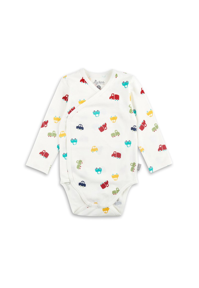 Weißes Langarm-Babykleid mit bunten Fahrzeugmustern in Rot, Blau, Grün und Gelb. Wickeldesign mit Druckknopfverschlüssen.