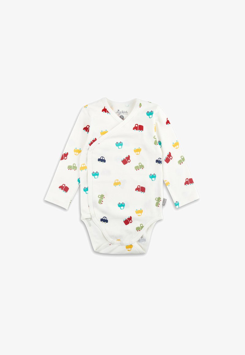 White long-sleeve baby onesie featuring colorful vehicle patterns in red, blue, green, and yellow. Wrap design with snap closures.