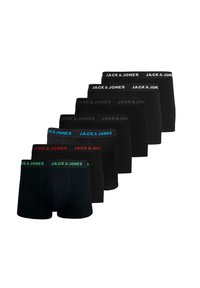 Seven pairs of black boxer shorts with different colored waistband logos. The colors include red, blue, and green. Made from stretchy fabric.