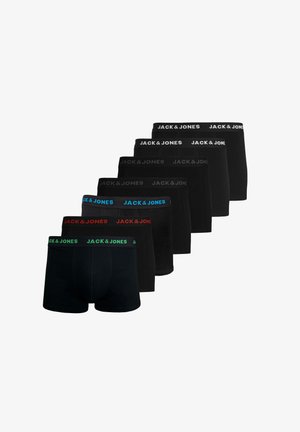 Sieben Paar schwarze Boxershorts mit unterschiedlich farbigen Bund-Logos. Die Farben umfassen Rot, Blau und Grün. Hergestellt aus elastischem Material.