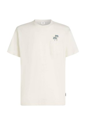 Koszulka z krótkim rękawem w kolorze kremowym, wykonana z bawełny, z kieszonką z przodu i małą haftowaną palmą w ciemnozielonym i pomarańczowym kolorze.