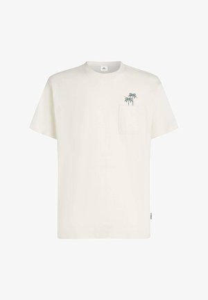 Koszulka z krótkim rękawem w kolorze kremowym, wykonana z bawełny, z kieszonką z przodu i małą haftowaną palmą w ciemnozielonym i pomarańczowym kolorze.