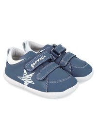 Blue leather sneakers with white accents, Velcro straps, star pattern, and contrasting stitching. White rubber sole, rounded toe design.