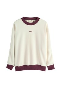 Kremowa bluza z ribbowanym dekoltem i mankietami w kolorze maroon. Posiada haftowane logo "self." w kolorze maroon z przodu. Miękka tekstura i luźny krój.
