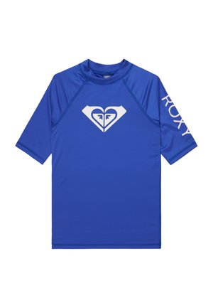 Blauw rashguard met korte mouwen, voorzien van een wit hartvormig logo op de borst en de tekst "ROXY" op de linkermouw.