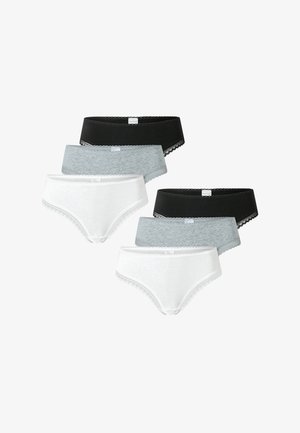 Set aus fünf Damenunterhosen in Schwarz, Grau und Weiß aus Baumwolle, mit Spitzenbesatz entlang der Taille und Beine. Klassischer Slip-Schnitt.