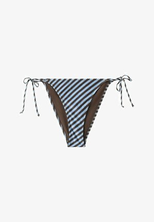 Blue and brown diagonal striped bikini bottoms with side ties on a white background.
