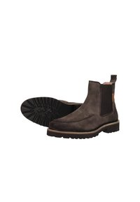 Kastanjebruine suède enkellaarsjes met elastische zijkanten, ronde neus en rubberen profielzool. Heeft een contrasterende kastanjebruine bies en trekband.