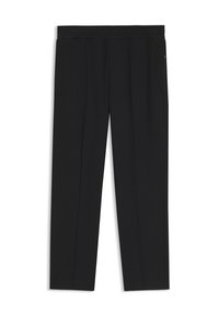 Pantalon noir à jambe droite avec taille élastique et poches latérales, présenté à plat sur fond blanc.