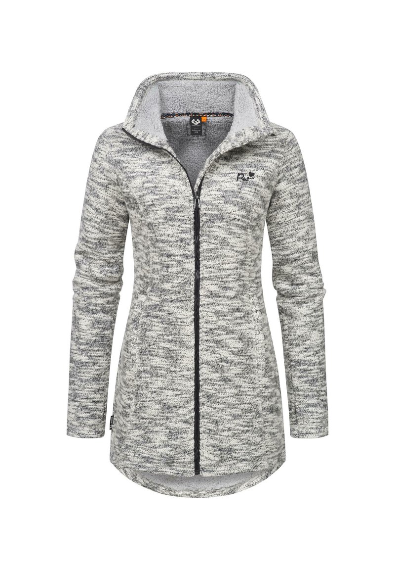 Grå och vit melerad zip-up jacka med hög krage, långa ärmar och fleecefoder. Har dragkedjestängning och subtil logotyp.