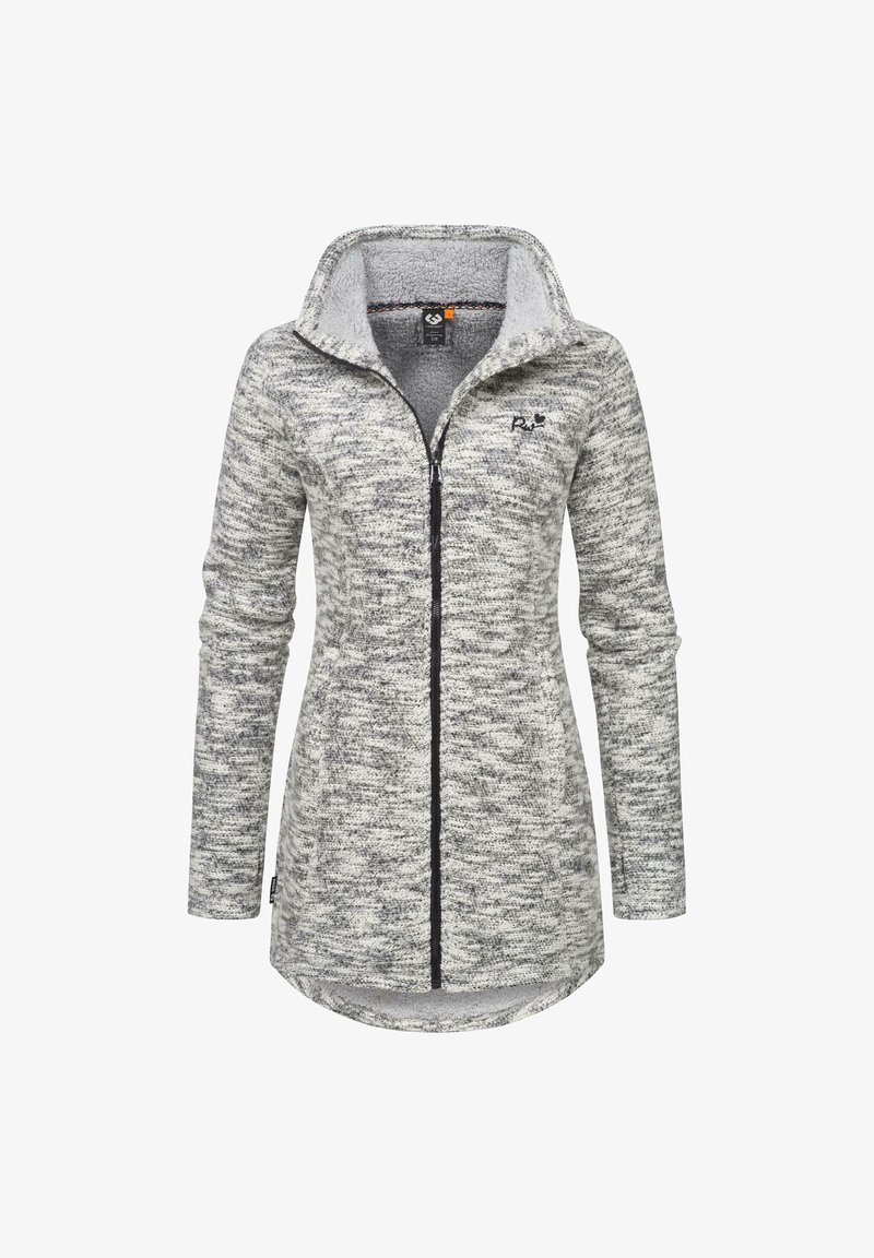 Grå och vit melerad zip-up jacka med hög krage, långa ärmar och fleecefoder. Har dragkedjestängning och subtil logotyp.