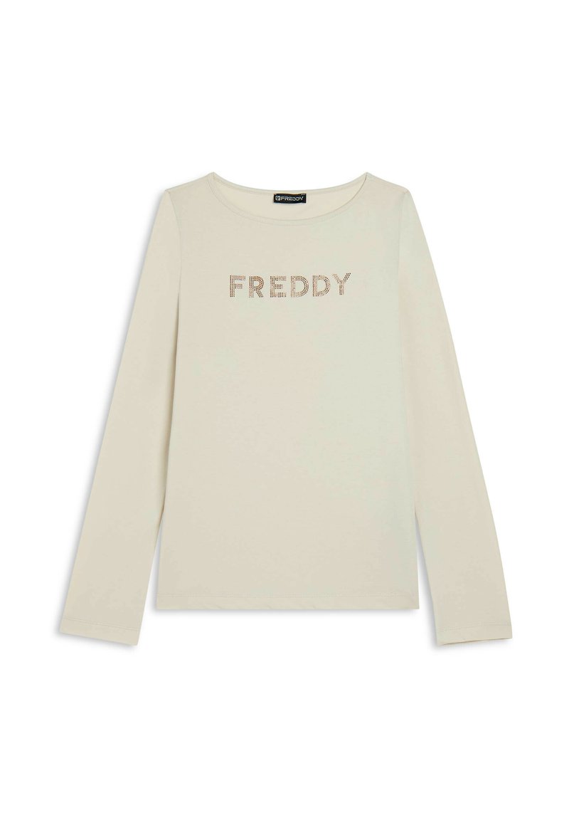 Maglietta a maniche lunghe di colore crema con scollo rotondo, caratterizzata dalla scritta "FREDDY" in scintillanti strass sul petto. Tessuto morbido e elastico.