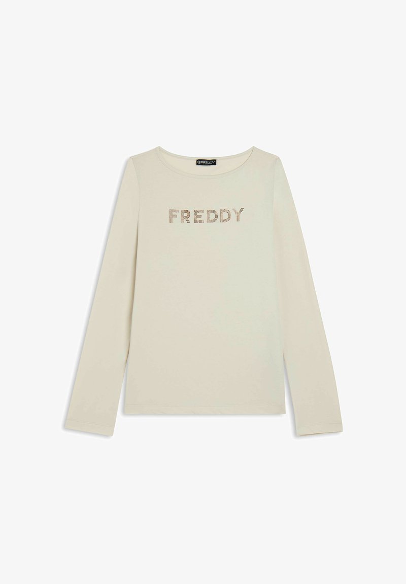 Maglietta a maniche lunghe di colore crema con scollo rotondo, caratterizzata dalla scritta "FREDDY" in scintillanti strass sul petto. Tessuto morbido e elastico.
