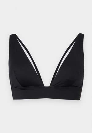 Μαύρο τοπ σουτιέν με τρίγωνο σχήμα, λεπτές διπλές τιράντες και ευρεία ζώνη κάτω από το στήθος, εμφανισμένο σε απλό ανοιχτό φόντο.