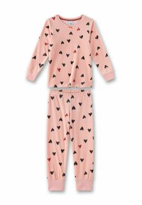 Rosa Schlafanzug-Set bestehend aus einem langärmeligen Oberteil und einer Hose, die mit schwarzen und roten Herzmustern bedruckt ist. Hergestellt aus weichem Stoff mit Bündchen an den Ärmeln und am Knöchel.