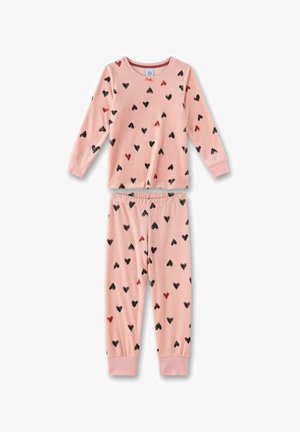 Pink pajama set featuring a long-sleeved top and pants, covered in black and red heart patterns. Made of soft fabric with cuffed sleeves and ankles.