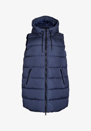 Námornícky puffový vest s kapucňou, so zipsom a dvoma bočnými vreckami. Prešívaný dizajn dodáva textúru, ľahký materiál pre teplo.