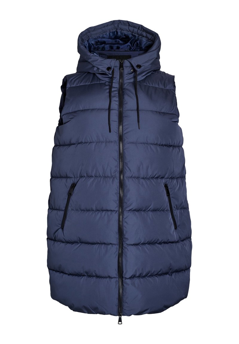 Marinefarbener Puffer-Weste mit Kapuze, Reißverschluss und zwei seitlichen Taschen. Gepunktetes Design sorgt für Textur, leichtes Material für Wärme.