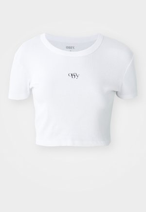 White short-sleeve crop top made of ribbed material. Features a subtle black logo centered on the chest, round neckline, and fitted design.