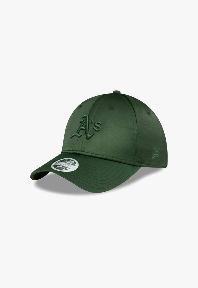 Green baseball cap featuring embroidered "A's" logo, structured design, curved brim, and moisture-wicking fabric for comfort.